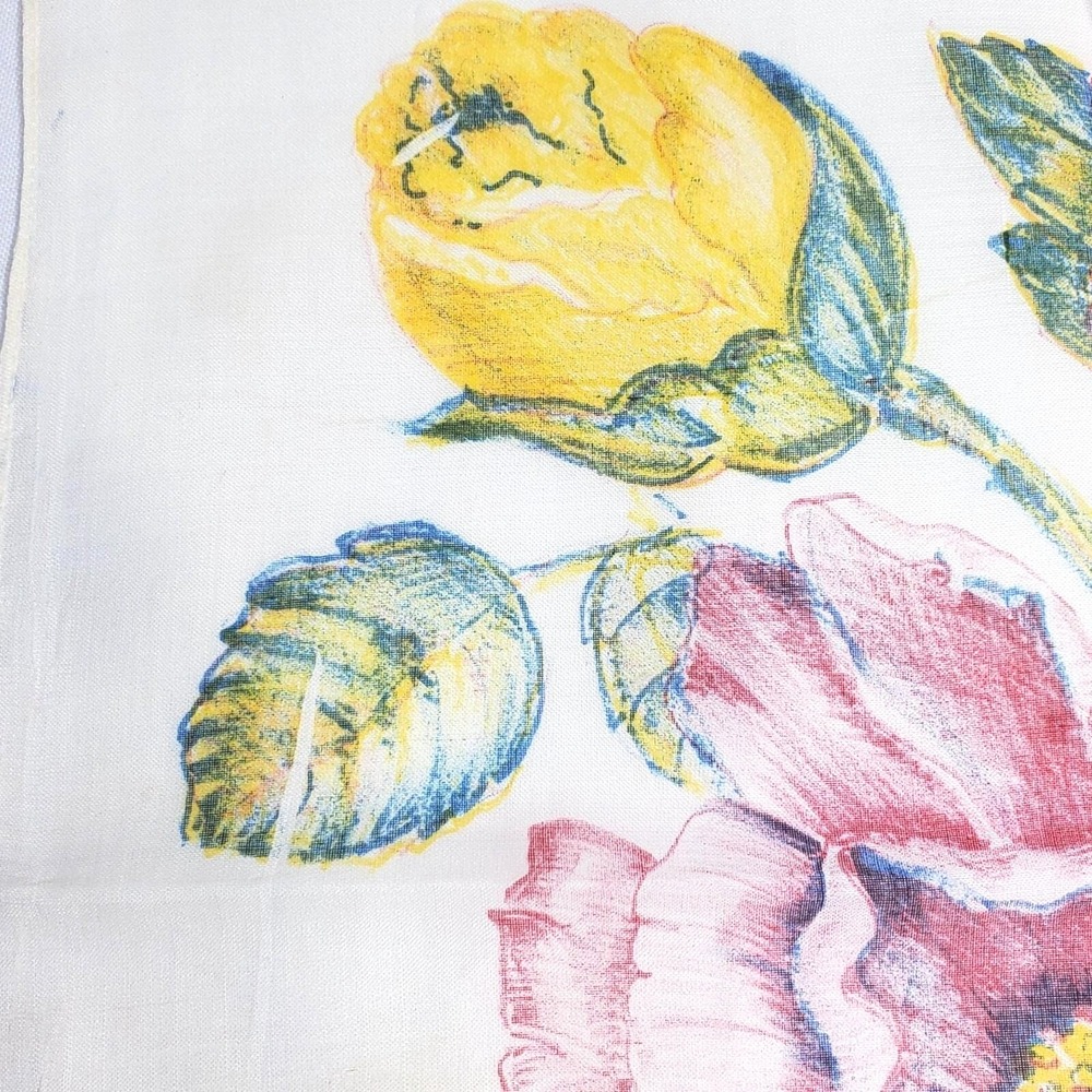 Vintage Floral Print Handkerchief 13"‎ Square Cotton Blend Pink Yellow Flowers - Picture 3 of 8